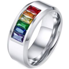 COI Titanium Rainbow Color Beveled Edges Ring With Cubic Zirconia-5548