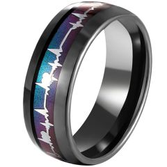 COI Black Tungsten Carbide Rainbow Pride Heartbeat Dome Court Ring-5594