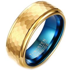 **COI Tungsten Carbide Gold Tone Blue Hammered Step Edges Ring-5642