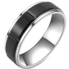 COI Titanium Black Silver Grooves Ring-5806