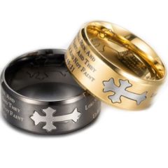 *COI Titanium Silver Black/Gold Tone Cross Prayer Beveled Edges Ring-5889