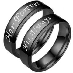 COI Black Tungsten Carbide Her Forever His Always Beveled Edges Ring-5953