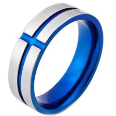 COI Tungsten Carbide Blue Silver Horizontal & Vertical Groove Ring-TG3375