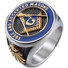*COI Titanium Black Blue Gold Tone Masonic Freemason Ring-5998
