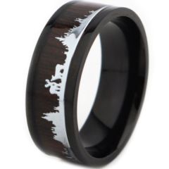 *COI Titanium Black/Rose Hunting Scene Pipe Cut Flat Ring With Wood-6891