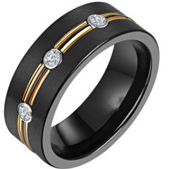 *COI Titanium Black Silver Double Grooves Ring With Cubic Zirconia-6901