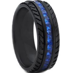 *COI Black Titanium Tire Tread Ring With Created Blue Sapphire-6903