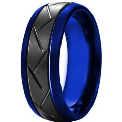 *COI Titanium Black Blue Double Grooves Dome Court Ring-6908