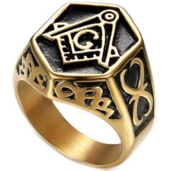 **COI Titanium Black Gold Tone Masonic Freemason Ring-6985