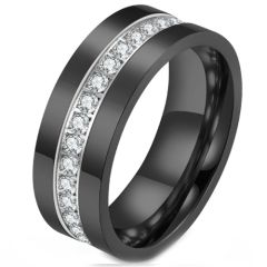 **COI Titanium Black/Silver Pipe Cut Flat Ring With Cubic Zirconia-7027