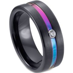 **COI Black Tungsten Carbide Rainbow Color Center Groove Pipe Cut Flat Ring-7057