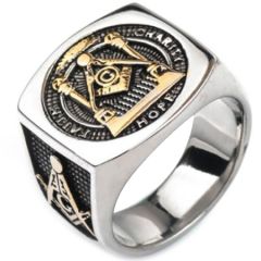 **COI Titanium Gold Tone Silver Masonic Freemason Ring-7082AA