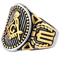 **COI Titanium Black Gold Tone Masonic Freemason Ring-7084BB