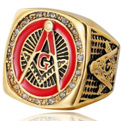 **COI Titanium Gold Tone Red Black Masonic Freemason Ring With Cubic Zirconia-7086BB