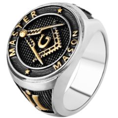 **COI Titanium Gold Tone Black Silver Masonic Freemason Ring-7088BB