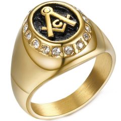 **COI Titanium Gold Tone Black Masonic Freemason Ring With Cubic Zirconia-7112BB