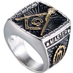 **COI Titanium Gold Tone Black Silver Masonic Freemason Ring-7116BB