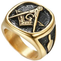 **COI Titanium Gold Tone Black Masonic Freemason Ring-7140