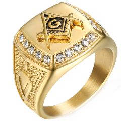 **COI Titanium Gold Tone Black Masonic Freemason Ring With Cubic Zirconia-7151