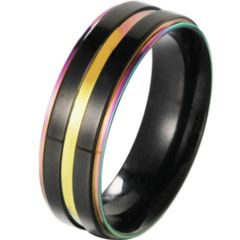 **COI Titanium Black Gold Tone Rainbow Color Step Edges Ring-7174BB