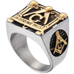 **COI Titanium Gold Tone Black Silver Masonic Freemason Ring-7195