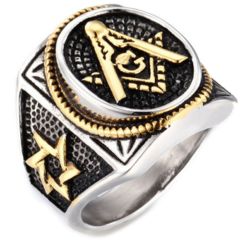 **COI Titanium Black Gold Tone Silver Masonic Freemason Ring-7198