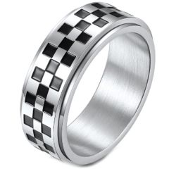 **COI Titanium Black Silver Checkered Flag Step Edges Ring-7267
