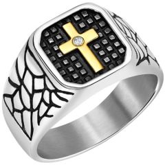 **COI Titanium Gold Tone Silver/Black Cross Ring With Cubic Zirconia-7268