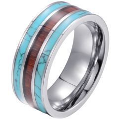 **COI Titanium Pipe Cut Flat Ring With Turquoise and Wood-7272