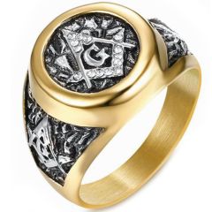 **COI Titanium Black/Gold Tone Masonic Freemason Ring-7358
