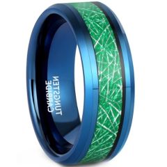 **COI Blue Tungsten Carbide Beveled Edges Ring With Green Meteorite-7362