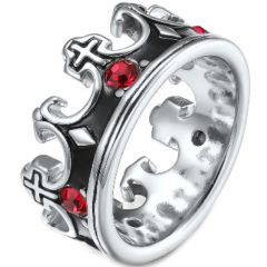 **COI Titanium Black Silver King Crown Ring With Created Red Ruby-7368