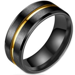 **COI Titanium Black Gold Tone Center Groove Beveled Edges Ring-7371