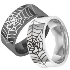 **COI Titanium Black/Silver Spider Web & Heart Pipe Cut Flat Ring7401