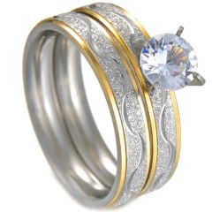 **COI Titanium Gold Tone Silver Solitaire Ring Wedding Set-7405(A Set With Two Rings)
