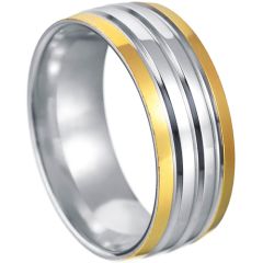 **COI Titanium Gold Tone Silver Grooves Dome Court Ring-7410