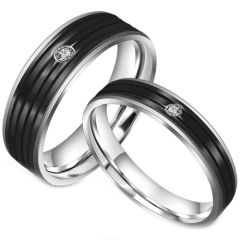 **COI Titanium Black Silver Grooves Ring With Cubic Zirconia-7427
