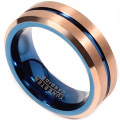 **COI Tungsten Carbide Rose Blue Center Groove Beveled Edges Ring-7493