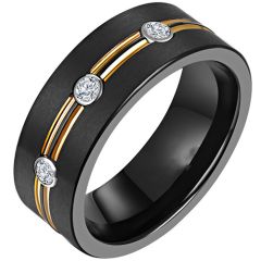 **COI Titanium Black Gold Tone Double Grooves Ring With Cubic Zirconia-7542