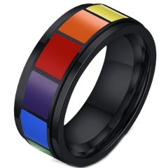 **COI Titanium Black/Silver Rainbow Color Step Edges Ring-7548