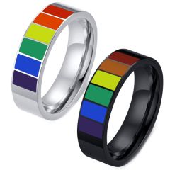 **COI Titanium Black/Silver Rainbow Color Pipe Cut Flat Ring-7549