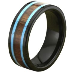 **COI Black Tungsten Carbide Turquoise & Wood Ring-7583