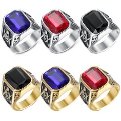 **COI Titanium Gold Tone/Silver Masonic Freemason Ring With Created Blue Sapphire/Red Ruby/Black Onyx-7608