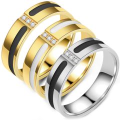 **COI Titanium Gold Tone/Silver Black/White Ceramic Ring With Cubic Zirconia-7625