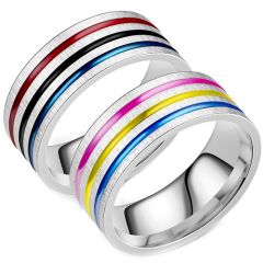 **COI Titanium Rainbow Color Triple Grooves Pipe Cut Flat Ring-7627