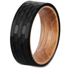 **COI Black Tungsten Carbide Hammered Ring With Wood-7660