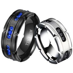 COI Titanium Black/Silver Ring With Created Blue Sapphire/Black Cubic Zirconia-7741