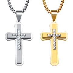 COI Titanium Gold Tone/Silver Cross Pendant Necklace With Princess Cut Cubic Zirconia-7745