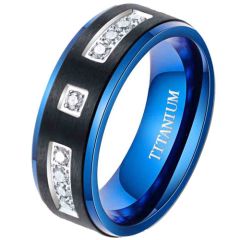**COI Titanium Black Blue Step Edges Ring With Cubic Zirconia-7846