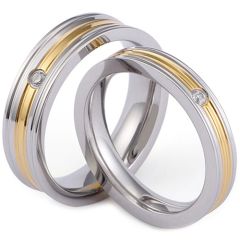 **COI Titanium Gold Tone Silver Grooves Ring With Cubic Zirconia-7855